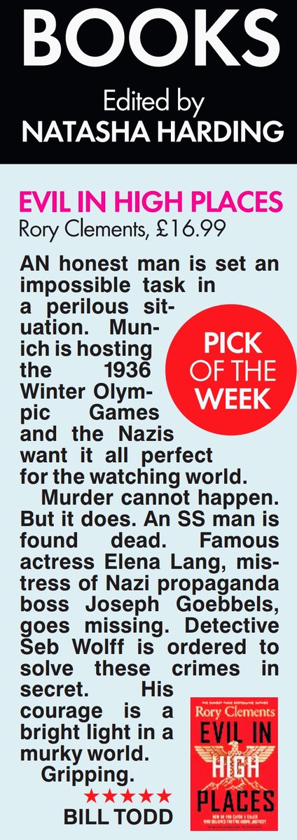 Rory Clements's EVIL IN HIGH PLACES, set at the 1936 Winter Olympics, is tense and action-packed. Here's my review in <a href="/natashahwrites/">natashahardingwrites</a>'s #sunbookscolumn today - #CrimeFiction #Crime #Thrillers #MYSTERY #fiction #books #Reviews #BookReview #fridayreads #BookOfTheWeek #PickOfTheWeek