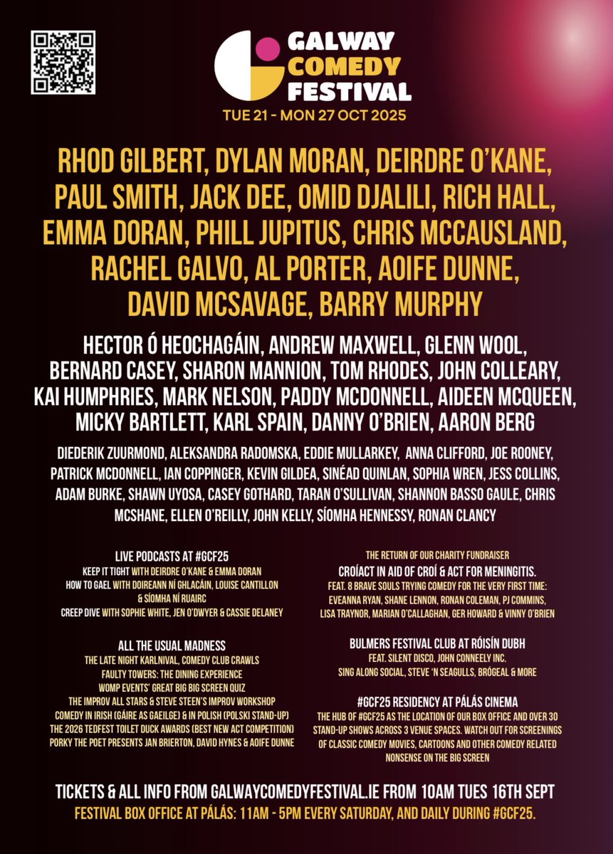 galwaycomedy's tweet image. Hello comedy fans!

We are delighted to finally be able to share with you our full #GCF25 programme for this October Bank Holiday. 

With 70+ artists, 69 shows, 16 venues, 7 days and nights…