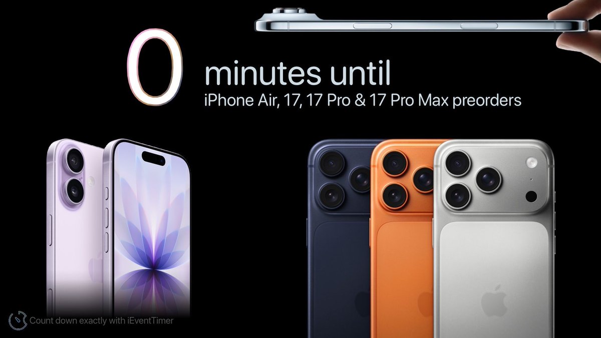 Preorders for iPhone Air, iPhone 17, 17 Pro and Pro Max are scheduled to start now. You can use Apple's website or the Apple Store app to preorder momentarily.

#AppleEvent