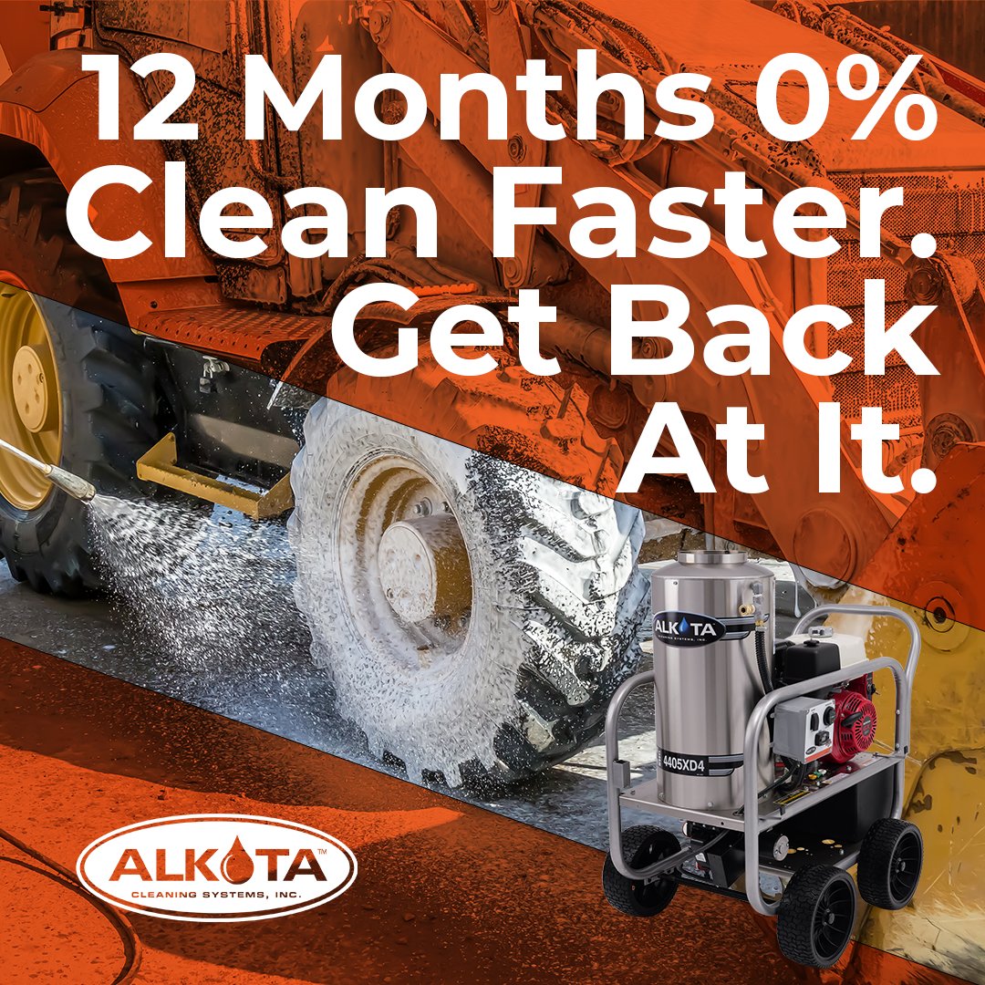 Need an industrial-grade pressure washer made in the USA? Alkota has you covered—with 12 months at 0% interest on all new equipment. Clean better. Work smarter. alkota.cleaning/46cDsmI #powerwasher #pressurewasher #alkotaelite #madeintheus