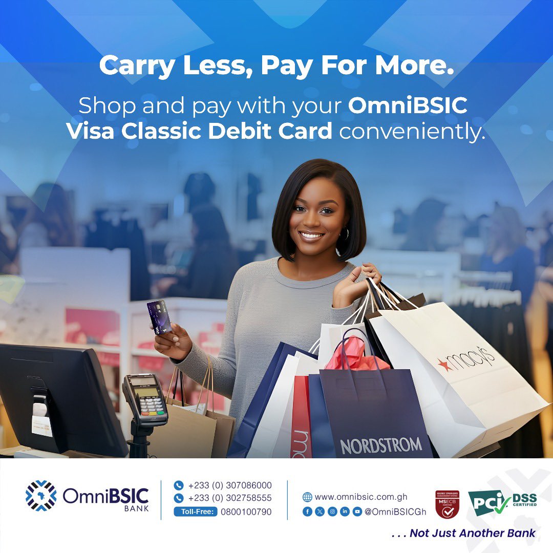 Pay confidently anywhere with your Visa Classic Debit. 

#OmniBSICBank #NotJustAnotherBank #BanksInGhana   
omnibsic.com.gh