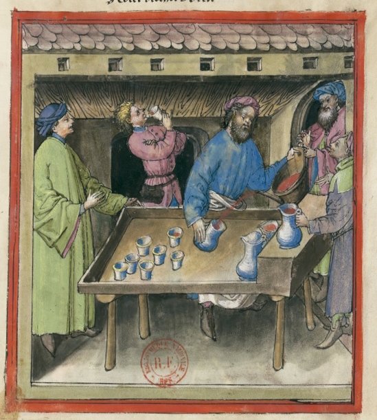 🍷Vino tinto espeso.
Tacuinum Sanitatis (Renania, s. XV)
✳️ Naturaleza: caliente y seca en segundo grado. ✳️Elección: el brillante, muy translúcido
✳️Beneficio: seda el estómago y el síncope. Perjuicio: para el hígado y el bazo débiles. 
✳️Remedio del perjuicio: con granadas