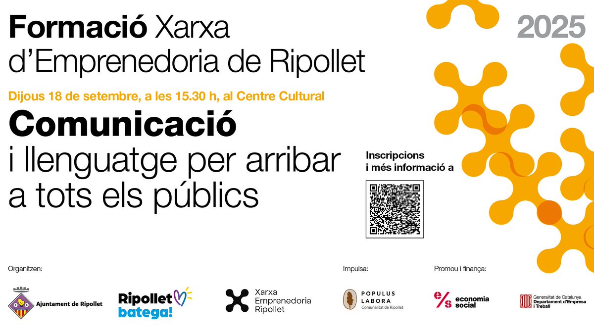 Nova formació Xarxa d'Emprenedoria de #Ripollet "Comunicació i llenguatge per arribar a tots els públics".

📅18/09 -15.30 h
📍Centre Cultural Ripollet
🔗Inscripcions: ripollet.cat/serveis/ripoll…
 
✅ Activitat impulsada per l’@ajripollet com a agent de la Comunalitat <a href="/Populuslabora/">Populus Labora I Comunalitat de Ripollet</a>