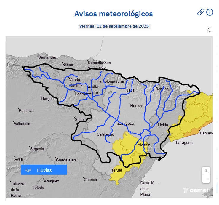 Ante avisos 🟡 <a href="/AEMET_Esp/">AEMET</a>  por pronóstico de lluvia intensa en el extremo sudoriental de la Cuenca del Ebro (Teruel y Castellón), se recuerda que se pueden producir crecidas en barrancos y cauces menores, hoy 12 de septiembre <a href="/112Aragon/">112 Aragón</a> <a href="/GVA112/">Emergències 112CV</a> <a href="/DelGobEnAragon/">Delegación del Gobierno en Aragón</a> <a href="/SubdelCastello/">Subdelegació del Govern a Castelló</a>