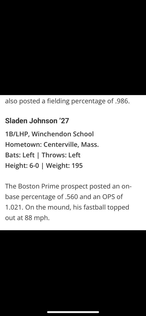 Nice write up on ⁦<a href="/WinchBaseball/">Winchendon Baseball</a>⁩ 2027 Sladen Johnson L/L middle of the order bat FB upper 8’s plus secondary big time prospect ⁦<a href="/NE_Baseball/">NE Baseball Journal</a>⁩