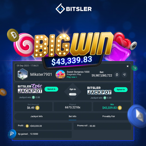 Bitsler's tweet photo. 🚨 $43,339 WINNER! 🚨

Mikster7901 just turned a $6 bet into over $43K playing Sweet Bonanza 1000! 🍬💰

🍭 Will you be our next epic winner?

🎯 https://t.co/g2vJBFs6xl

#Bitsler #BigWin #CryptoCasino #Slots #CasinoWins #BitcoinWin https://t.co/vG1vh3VZlw