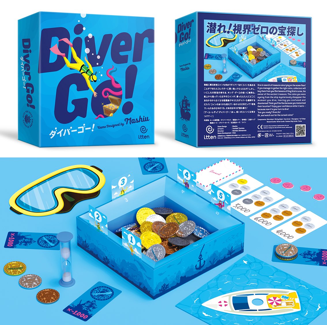 🆕 新作情報 🆕 ittenの新作は『ダイバーゴー！』 海底に眠る財宝を求めてダイブしよう！🤿 視界ゼロの中、手探りでコインを集めるスリリングな ゲームです。呪われたコインは取りすぎてしまうと大変なことに…！ ゲームデザインは、ましうさんです！ゲームマーケット2025秋 ...