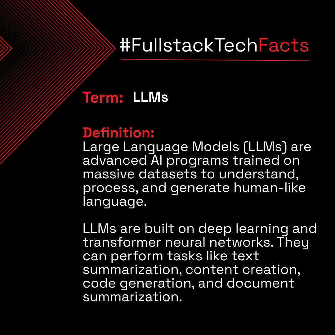 fullstack's tweet image. Time to learn a tech fact! You have likely heard about LLMs, but do you know how they work? To learn how to build and use machine learning models, explore the Fullstack Academy AI & Machine Learning Bootcamp: fullstack.academy/aim-facts-x
#FullstackTechFacts