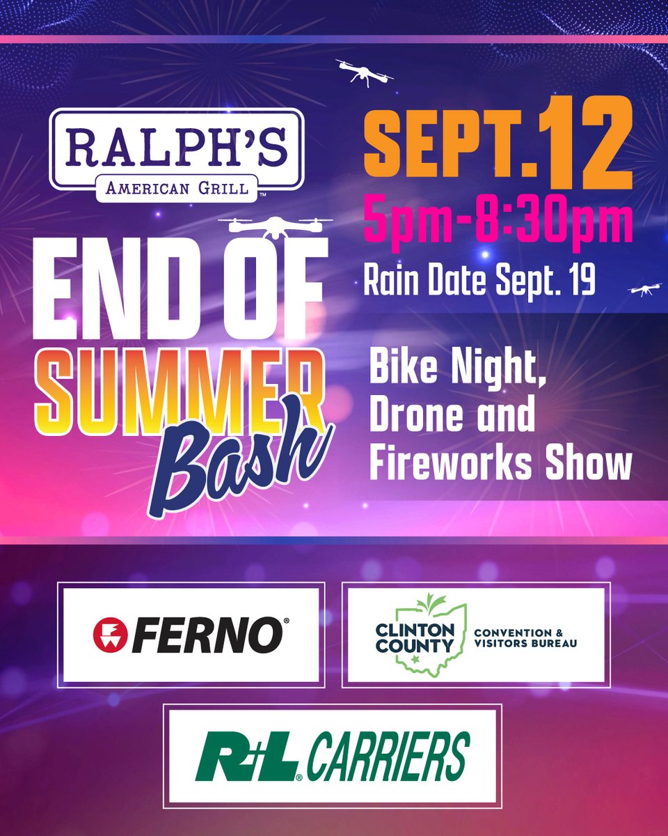 Join us TODAY from 5–8:30PM for our End of Summer Bash - Bike Night, Drone and Fireworks Show! There will be live music from The Feels Band, amazing food, raffles, vendors and a jaw-dropping 350-drone &amp; fireworks show with Rozzi Famous Fireworks! 🚀🎶🍔
