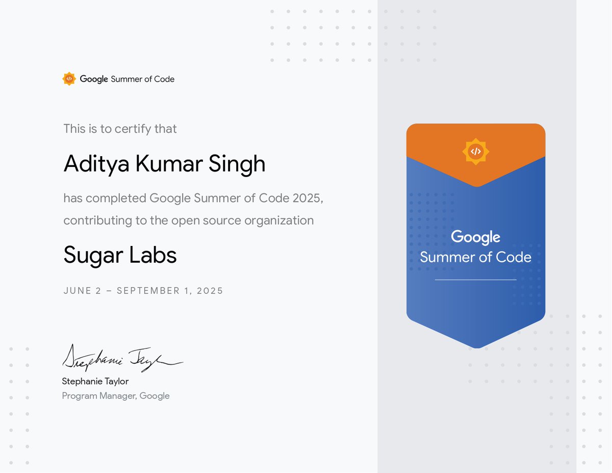 AdityaKrSingh26's tweet image. Thrilled to share that I’ve completed Google Summer of Code 2025 with @sugar_labs 🚀
Author's profile: lnkd.in/gZBa4nMr
Grateful to my mentors & the Sugar Labs community!
#GSOC #GoogleSummerOfCode #OpenSource #SugarLabs