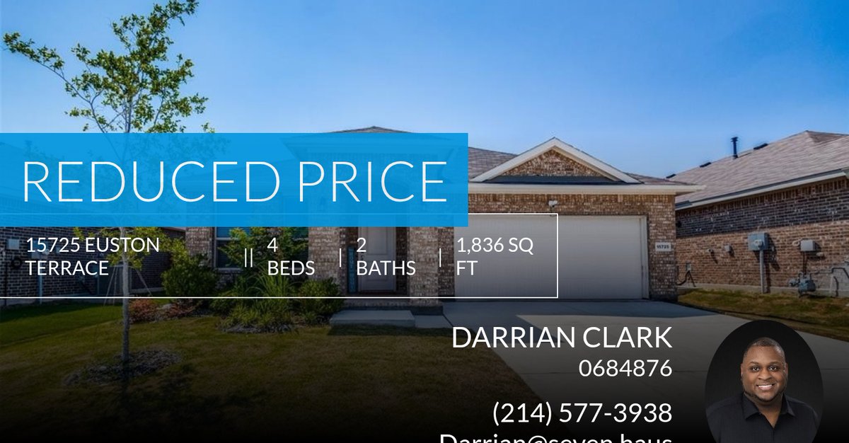 dclarktx85's tweet photo. 📍 Reduced Price 📍 This recently reduced home at 15725 Euston Terrace in Fort Worth won't last long, so, don't wait to set up a showing! Reach out here or at (214) 577-3938 for more information! https://t.co/HuOmJwblS5 https://t.co/G1VPcytcqA