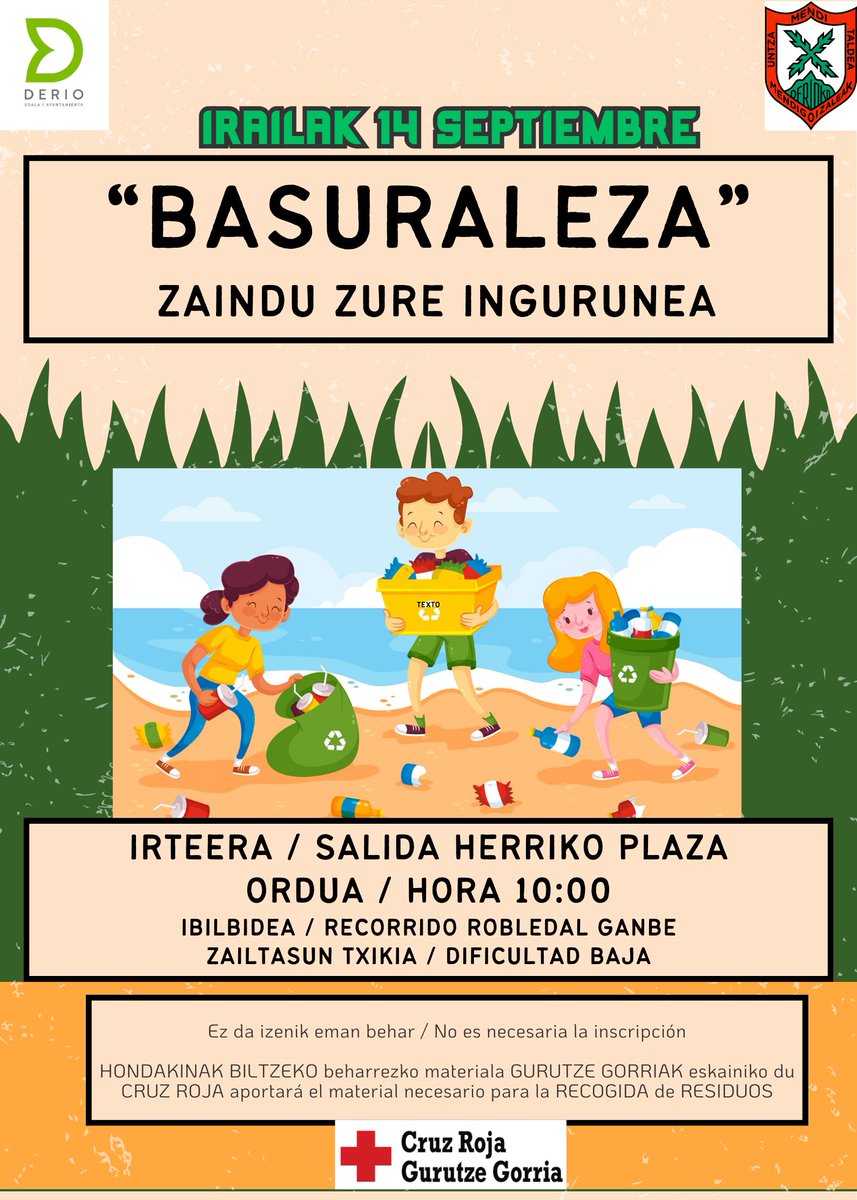 ‼️♻️ Gogoratu! Untza Mendi Taldeak, Udalarekin elkarlanean, "Basuraleza: Zaindu zure ingurunea!" izeneko beste txango berezi bat antolatu du bihar, irailaren 14an. 

📌Topagunea: Herriko Plaza 
⌚️ 10:00
🚮 Ganbeko hariztira txangoa

💚 #DerioZurekinAurrera