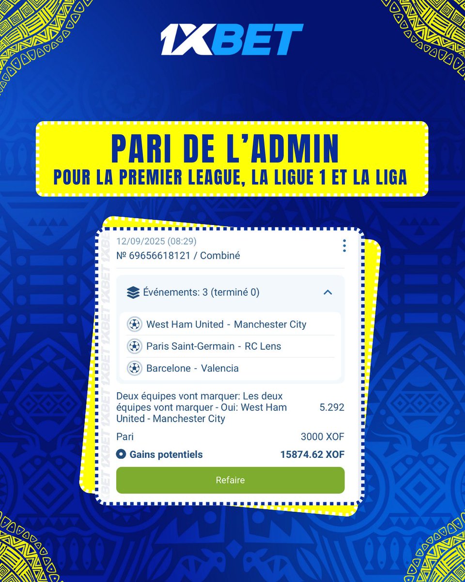 1xbet_cm's tweet photo. Express du Jour de l’Admin 🎯
🔥 Le combiné du jour venant des meilleurs championnats :
Tout réuni dans un seul combiné — maintenant, attendons le résultat ! 🚀
Oseras-tu prendre cet express aujourd’hui ?
#1xBet #1xBetFootball #ExpressBet #LaLiga #Ligue1 #EPL https://t.co/nX4mkiNVHZ