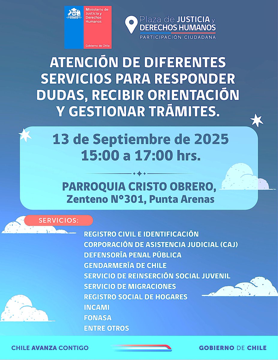 📢¡Plaza de Justicia y DDHH! ⚖️✨

Este sábado 13, desde las 15 hr, la parroquia Cristo Obrero albergará una #PlazaDeJusticia y #DDHH para personas migrantes

🙌¡Aprovecha esta oportunidad para realizar trámites presenciales y conocer más sobre tus derechos!
#TuAccesoALaJusticia