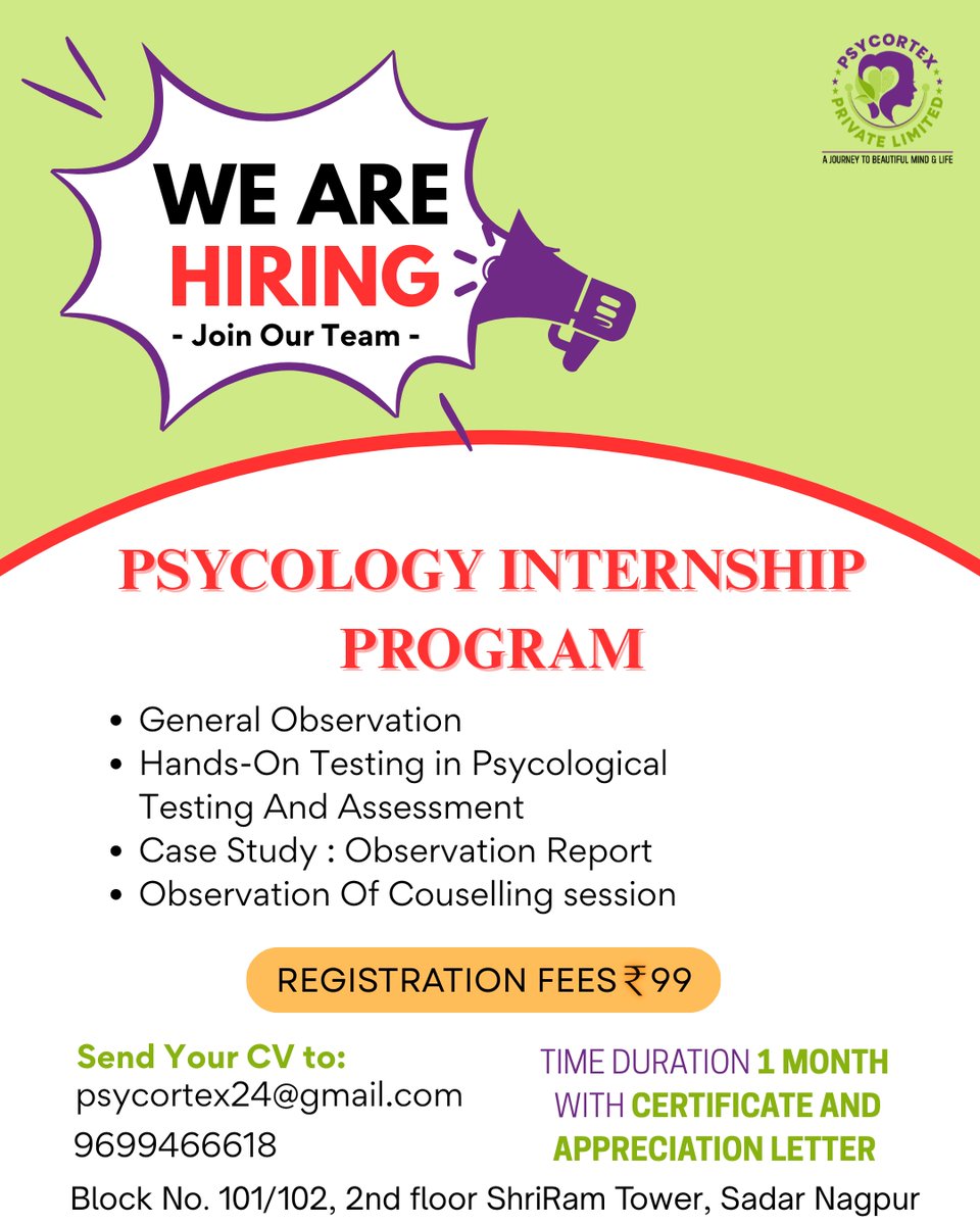 PPsycortex's tweet image. Exciting Internship Opportunity at Psycortex! 📷
We are looking for passionate and motivated interns to join our team. 📷 
#Psycortex #WeAreHiring #HiringAlert #InternshipOpportunity #InternshipAlert #Internship2025 #CareerGrowth #JoinOurTeam #WorkWithUs #PsychologyInternship