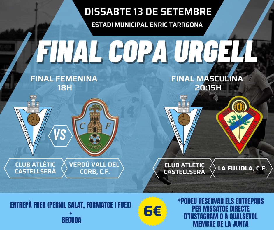 Demà dissabte arriba la cita MÉS ESPERADA d'aquesta pretemporada!
Els nostres dos equips disputen la FINAL DE LA COPA URGELL.
L'equip femení jugarà el tret de sortida a la preparació contra el Verdú, en la 1a edició de la copa femenina.
[1/2]
