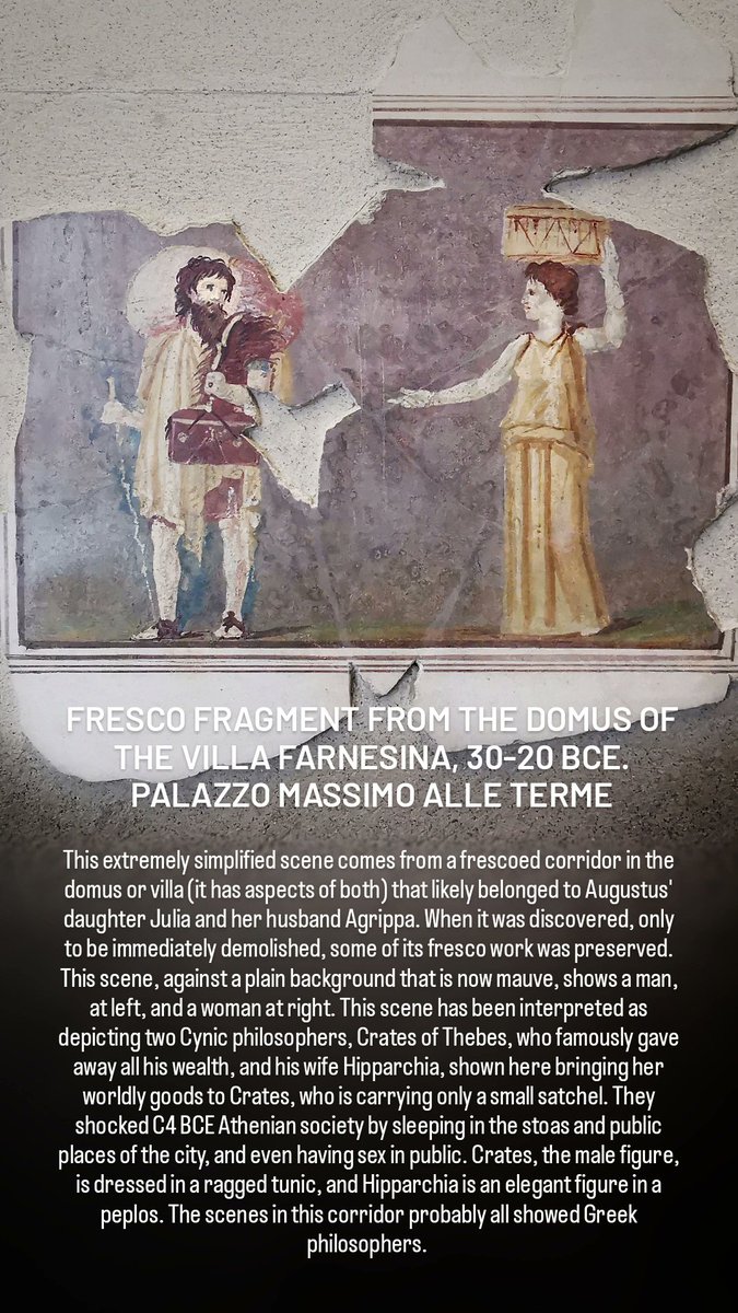 antmoose's tweet photo. #FrescoFriday returns us to the #Augustan #domus of the #Farnesina, whose surviving #fresco work is in #PalazzoMassimo alle #Terme in #Rome. Here we meet two figures of #Greek #philosophy famous in antiquity, the consciously shameless #Cynic couple #Crates and #Hipparchia. https://t.co/OiLINYS63V