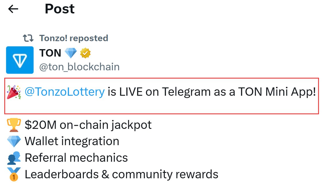 New #airdrop: Tonzo (Support by TON &amp; For All)
Reward: $20,000,000 Prize
News: TonOfficial, Backers
Distribution date: After TGE

🔗Airdrop Link: t.me/tonzo_bot?star…

1: Connect your New Ton address and just complete all free tasks
2: Collect Weekly Daily Draws, Scratch