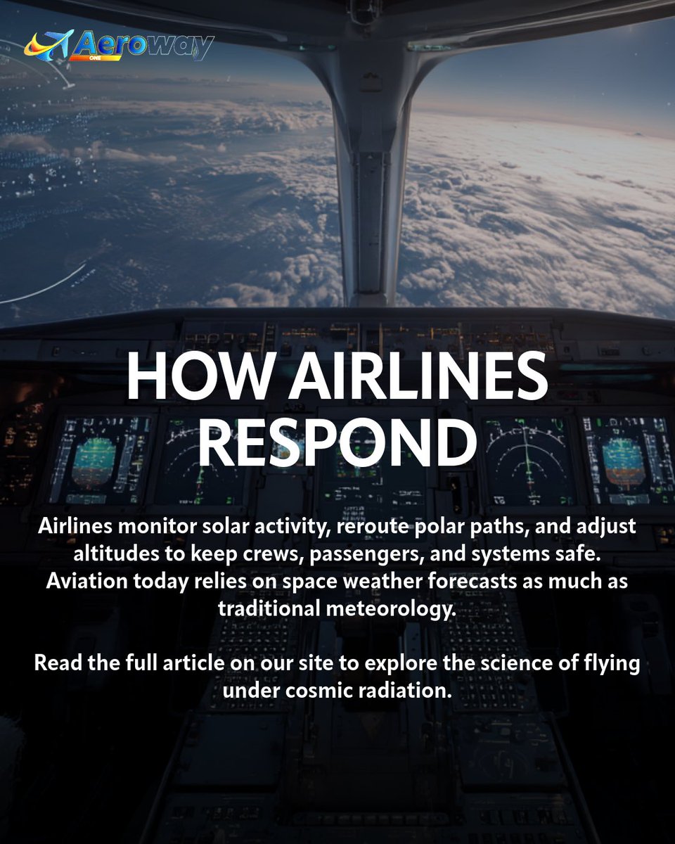 ✈️ At 35,000 ft, flights face more than turbulence...cosmic radiation. 
Solar storms can spike exposure, affect avionics, and disrupt polar routes. Airlines use space weather forecasts to keep skies safe. 🌌 Read more: aeroway.one
#aeroway #cosmic #radiation #aviation