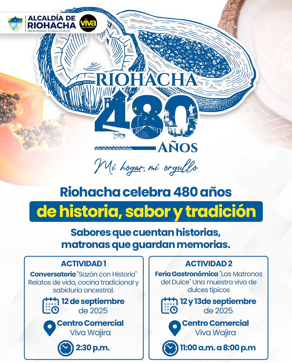 Los sabores también hacen parte de nuestra historia. En cada receta de nuestras matronas dulceras hay memoria, tradición y orgullo riohachero. 💙

Te invitamos a ser parte de esta experiencia que celebra la esencia de nuestra tierra en sus 480 años.🥥🌴