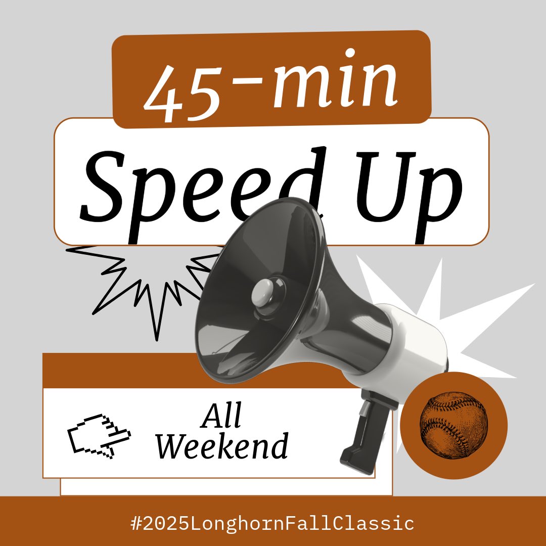 Reminder: 45 min speed-up rule in effect ALL weekend (incl. bracket play). 

Example: If your game is at 12 PM, be ready to play at 11:15 AM. 

#2025LonghornFallClassic
