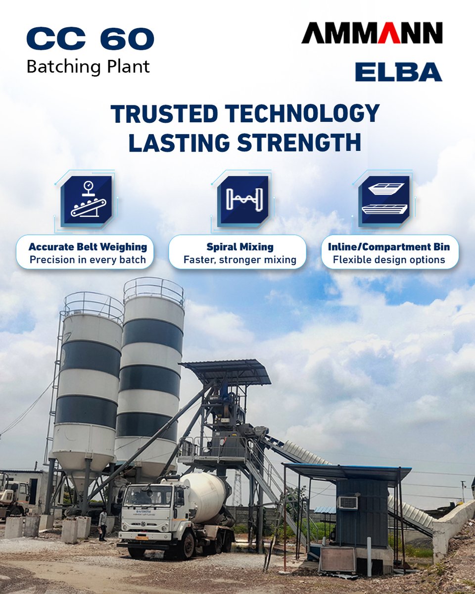 ammann_india's tweet image. 🚧 CC 60 Batching Plant 
Trusted technology, lasting strength!

✔️ Accurate Belt Weighing
✔️ Spiral Mixing
✔️ Inline/Compartment Bin

Reliable. Efficient. Flexible. 💪
#Ammann #ELBA #CC60 #BatchingPlant #ConcreteSolutions
