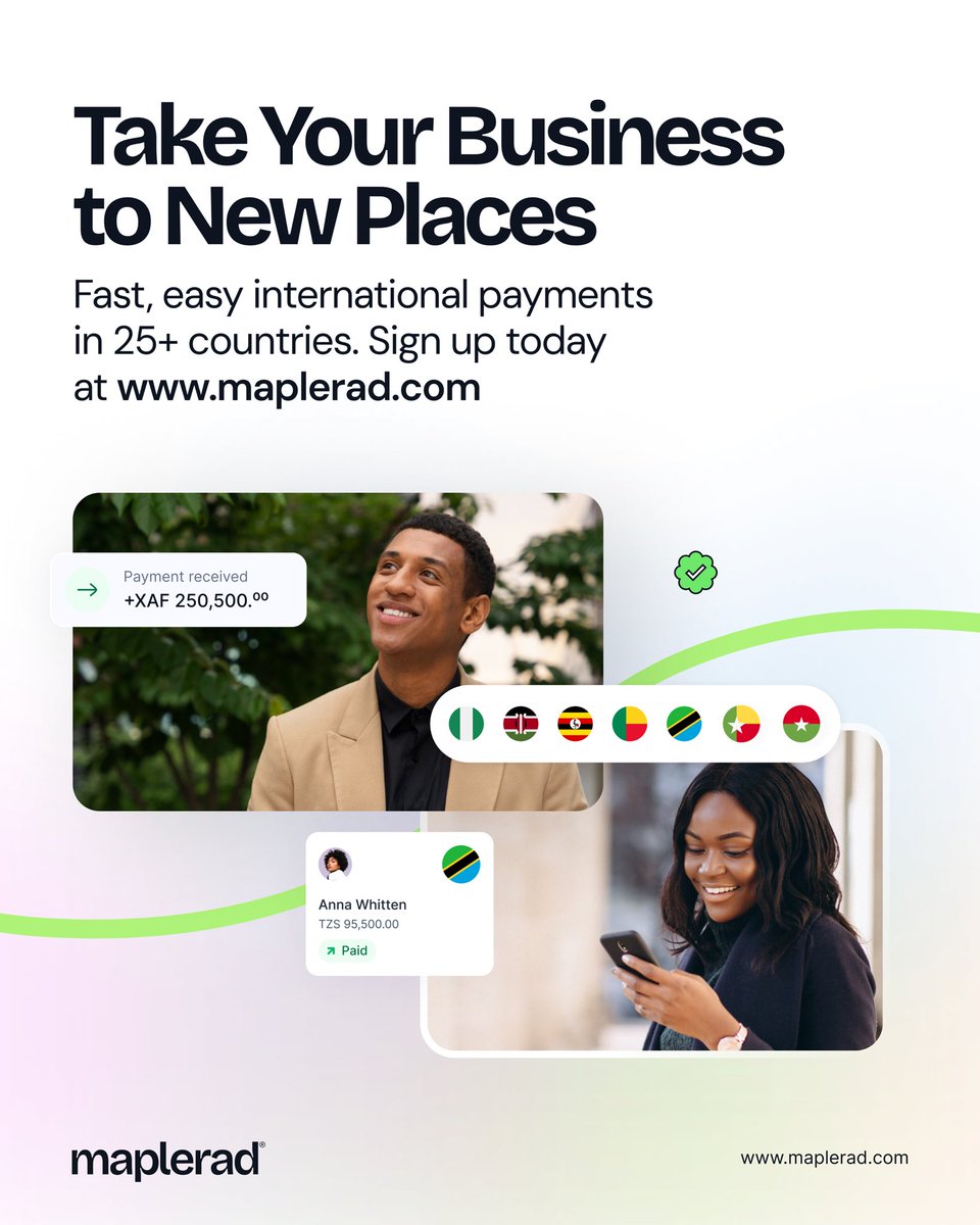 Your suppliers, partners, and customers are spread across countries, and getting paid shouldn’t be complicated.

You can move money fast and safe in 25+ countries, giving your business the freedom to grow without limits.

Grow faster. Sign up today at maplerad.com