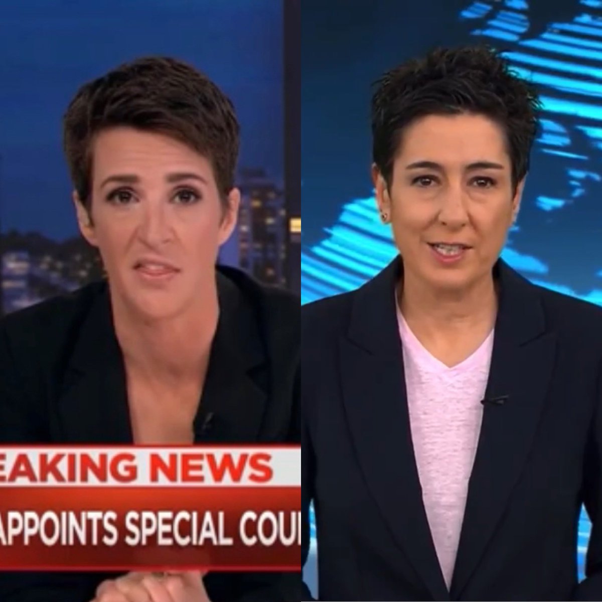 zensurkontrolle's tweet image. Etwas weniger Ernstes zur Auflockerung:

Wie erklärt ihr euch das? 🤔

- Links: Rachel Maddow, MSNBC
- Rechts: Dunja Hayali, ZDF
#glitchinthematrix