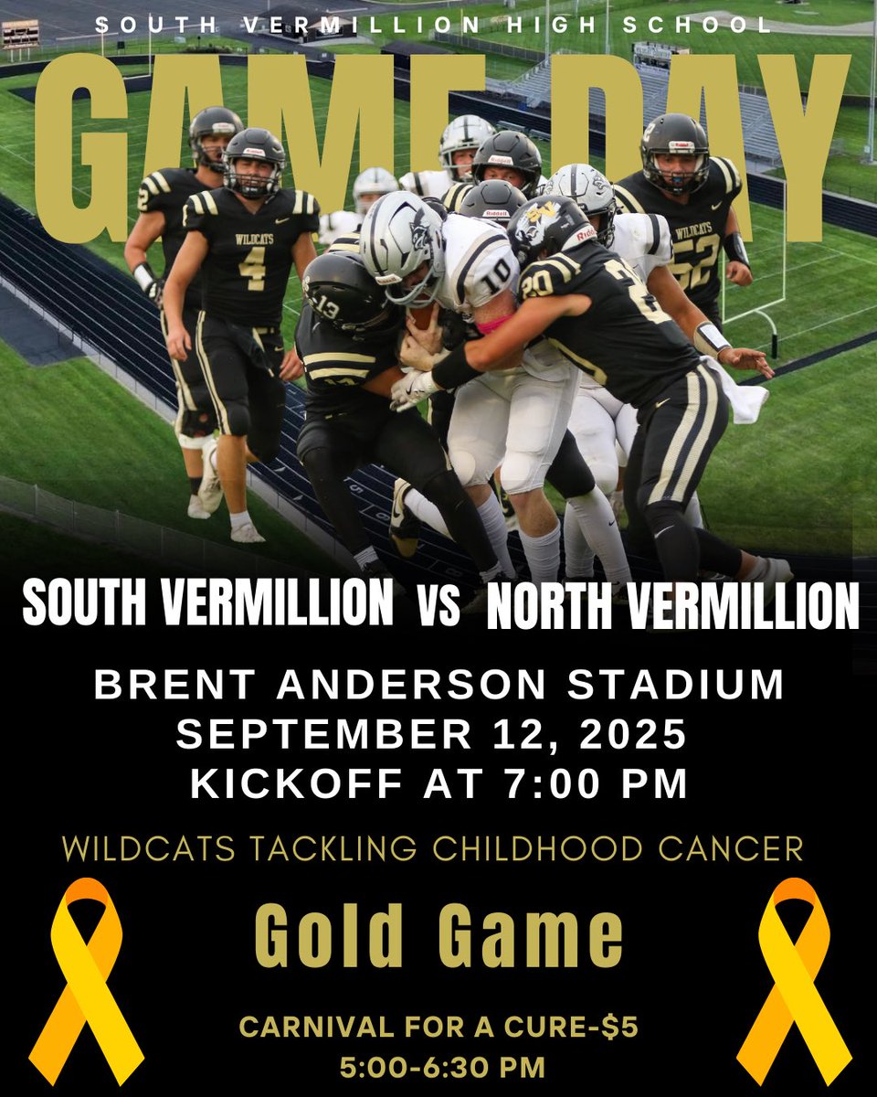 🏈🎗️ Home Game Day! 🎗️🏈

Tonight is more than football—it’s the GOLD GAME 💛
Your Wildcats are Tackling Childhood Cancer and we want YOU in the stands!
#svhswildcats #hsfootball #psweloveyou  #rileyschildrenshospital #GoWildcats