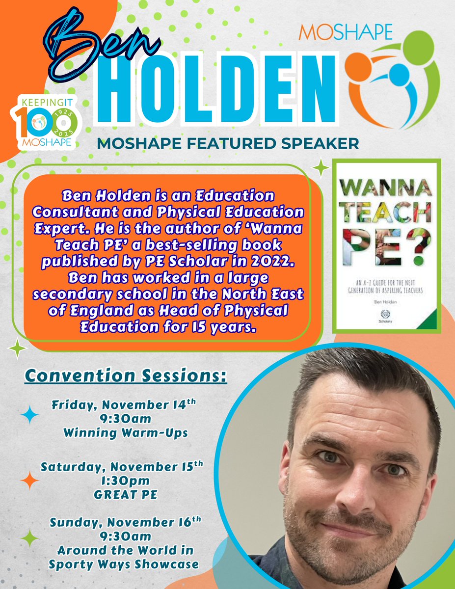🔦MOSHAPE Convention Spotlight 
🎉Special Guest: Ben Holden <a href="/WannaTeachPE/">WannaTeachPE</a> 
🗓November 14, 15, &amp; 16, 2025
📍Lodge of Four Seasons
🖋Register: moshape.org/events
#Keepingit100