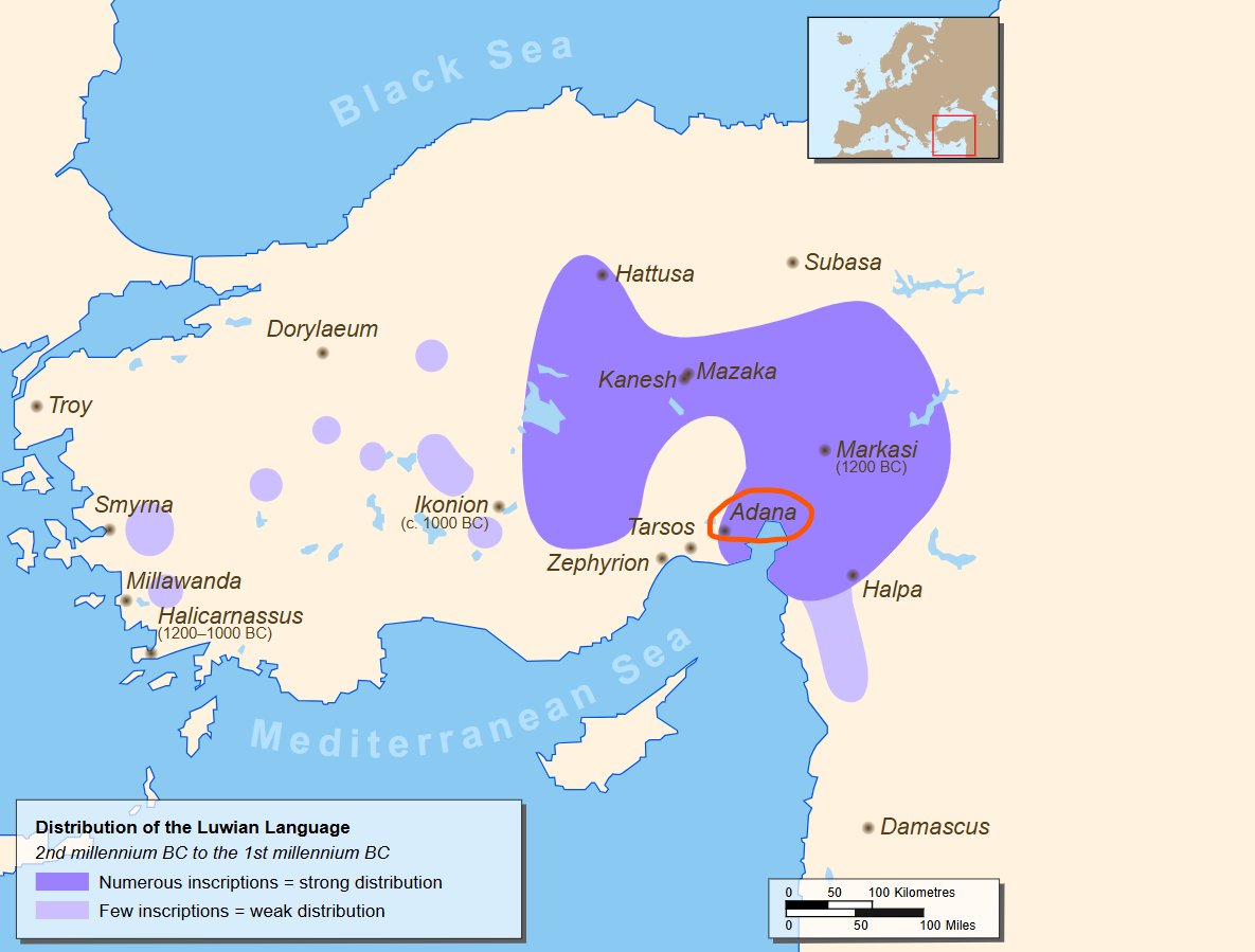 lefineder's tweet image. A bilingual 8th-century inscription by the king of Adana, an Anatolian kingdom thought to have been started by Homeric Greeks, mentions Assyrian assistance to the kingdom.

Phoenician part reads:
"the DNNYM and the Assyrians were a single House."
The Luwian part reads:
"Hiyawa…