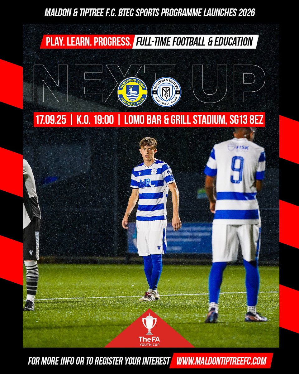 ⏭️ Next Up: <a href="/HertfordTownFC/">Hertford Town FC</a> 🚘

Next Wednesday we return to FA Youth Cup action as the lads hit the road to face Hertford Town U18s 🏆✨

#FAYouthCup #OneClub