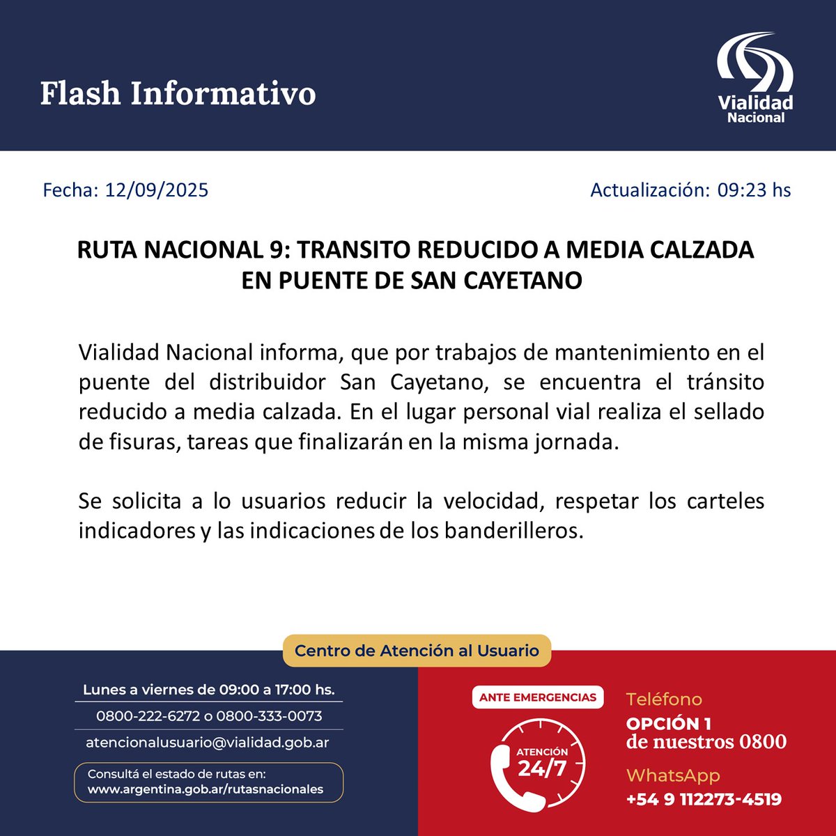 César A. Villagra (@csrtucuman) on Twitter photo 🚧👷♂️ Atención. Ruta Nacional 9: por trabajos de mantenimiento en el puente del distribuidor San Cayetano, el tránsito te encontrará reducido a media calzada.
<a href="/horaciofloresok/">Horacio Flores</a> <a href="/EzeToledo/">Ezequiel Toledo</a> <a href="/karinaponce2/">Karina Ponce</a> <a href="/LV12TUC/">LV12RADIO</a> <a href="/davidcorreatv/">David Correa</a> <a href="/GalleQuintana/">Galle</a> <a href="/AiredeRadio893/">aire de radio</a> <a href="/gabybaigorri/">Gaby Baigorrí</a> 🚧👷♂️ Atención. Ruta Nacional 9: por trabajos de mantenimiento en el puente del distribuidor San Cayetano, el tránsito te encontrará reducido a media calzada.
<a href="/horaciofloresok/">Horacio Flores</a> <a href="/EzeToledo/">Ezequiel Toledo</a> <a href="/karinaponce2/">Karina Ponce</a> <a href="/LV12TUC/">LV12RADIO</a> <a href="/davidcorreatv/">David Correa</a> <a href="/GalleQuintana/">Galle</a> <a href="/AiredeRadio893/">aire de radio</a> <a href="/gabybaigorri/">Gaby Baigorrí</a>