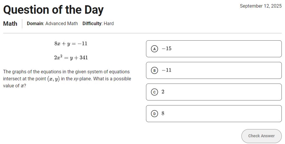Did you know <a href="/CollegeBoard/">College Board</a> SAT offers a #QOTD for both English/Writing and Math that includes an answer rationale?  Here is today's Math, give it a try!
qotd.collegeboard.org