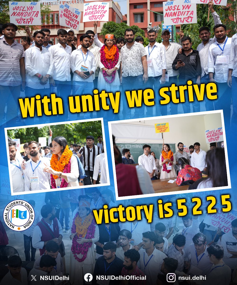 With unity we strive, and with unity we will win — because victory is 5️⃣2️⃣2️⃣5️⃣! ✊

NSUI Panel 5225:
5️⃣ Joslyn Nandita Choudhary – President
2️⃣ Rahul Jhansla – Vice President
2️⃣ Kabir – Secretary
5️⃣ Lavkush Bhadana – Joint Secretary

This is the strength of students, this is the