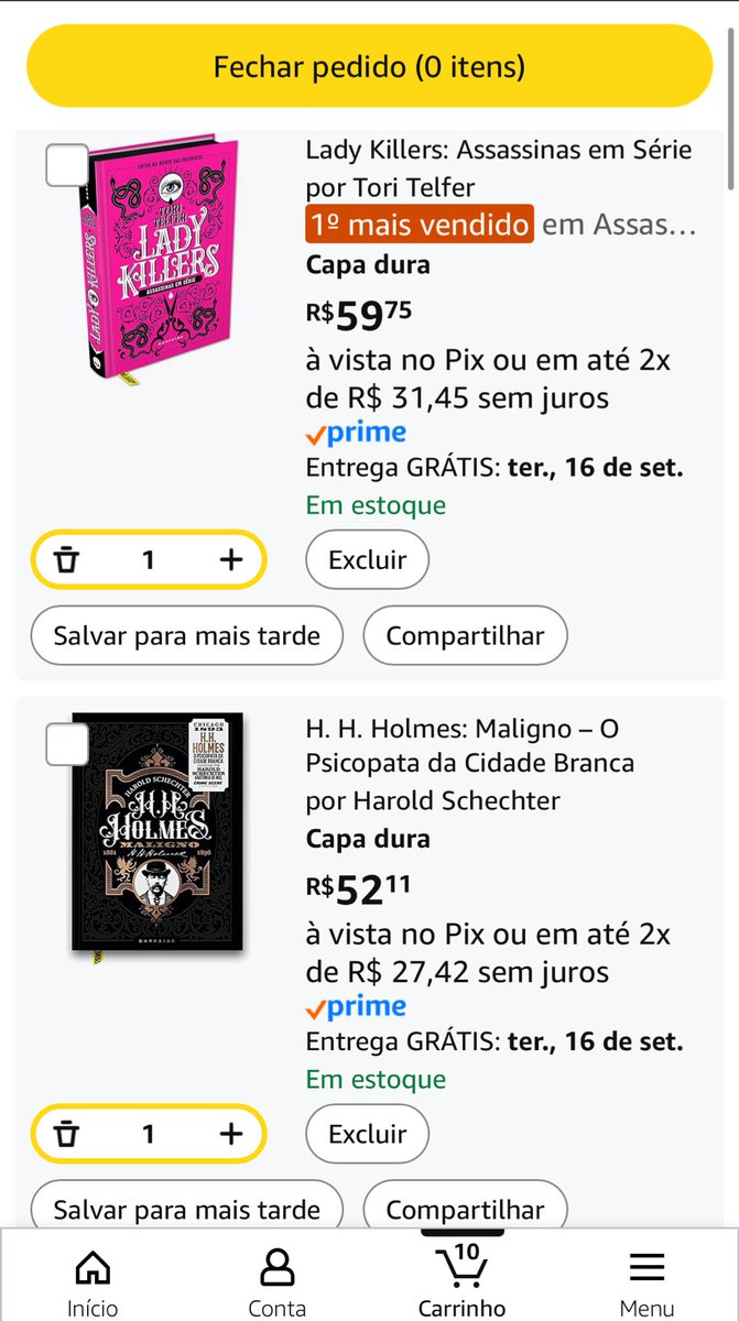 dxadly's tweet photo. CARA, era para eu ter adicionado no carrinho somente o Lady Killers, acabo que fui ver do mais 9 livros e não teve jeito, vou ter que parcelar essa comprinha de R$666😋 https://t.co/Nal1jEQ87I