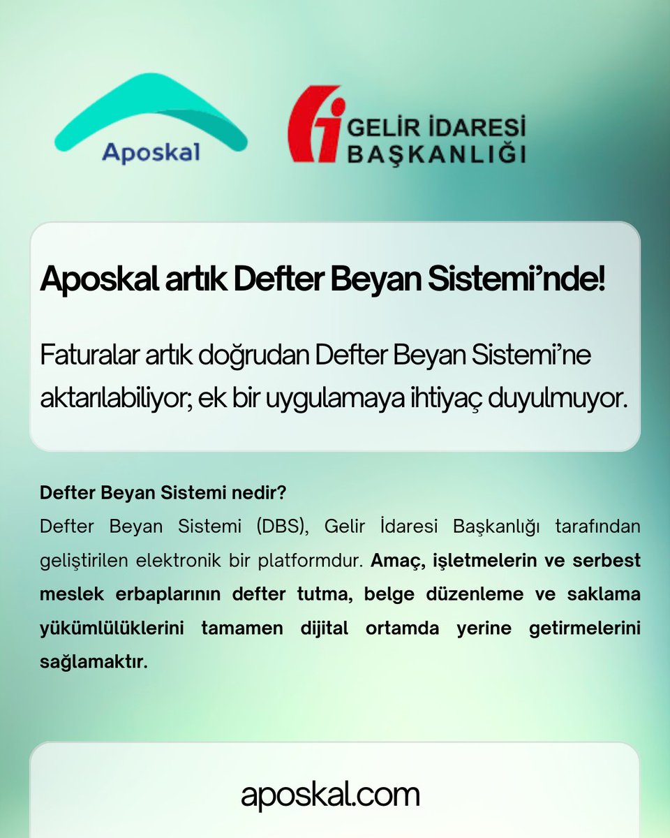 Aposkal, Defter Beyan Sistemi’ne resmi olarak entegre edildi. Artık faturalar doğrudan DBS’ye aktarılabiliyor ve ek bir uygulamaya ihtiyaç kalmadan süreçler daha hızlı ve güvenli şekilde yönetilebiliyor.