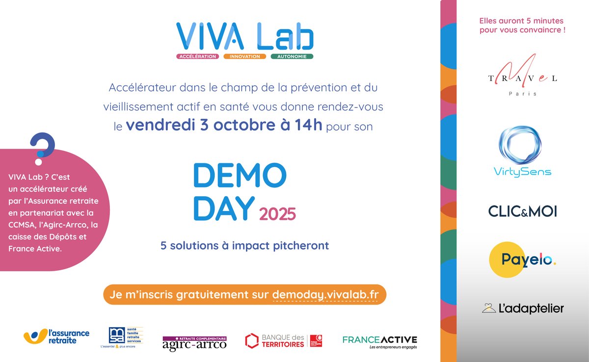 Assistez aux pitchs des projets d'#Innovation Vivalab 2025, le 3 octobre sur demoday.vivalab.fr; projets en faveur du bien vieillir des #retraités.