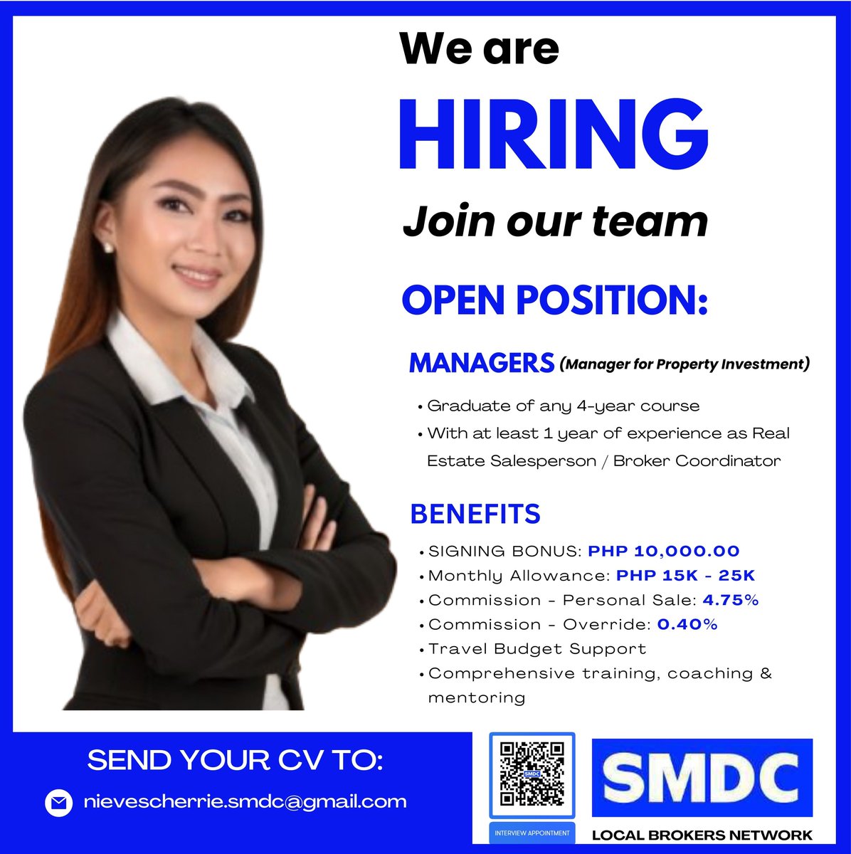 🌟 We’re Hiring! 🌟

📍 3 Managers (Property Investment) – SMDC Local Brokers Network

📩 Send CV: nievescherrie.smdc@gmail.com
📲 Book interview: l1nk.dev/M7wSb

#Hiring #RealEstateJobs #SMDC