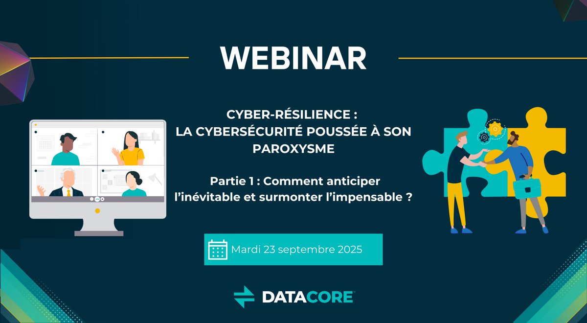 [ 🔴 Webinar]
Cyber-résilience : la cybersécurité poussée à son paroxysme

Partie 1 : Comment anticiper l’inévitable et surmonter la cyberattaque ?

📅 23/09 à 11h00

Une deuxième partie viendra bientôt avec un focus technique.

👉 Inscrivez-vous : info.datacore.com/webinar_cyber_…