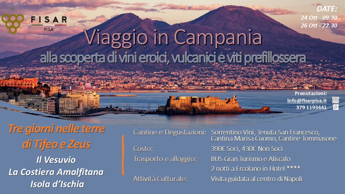 fisarpisa's tweet photo. 24-26 ottobre - Viaggio in Campania🍇❤️🍷 - https://t.co/I7wpoLSoXS

Una magnifica occasione per conoscere i prodotti campani con degustazioni e cene presso 4 cantine (Sorrentino, Tenuta San Francesco, Marisa Cuomo e Tommasone).

Vuoi saperne di più? https://t.co/HAxxHhMO83 https://t.co/ImsCxCYaEQ
