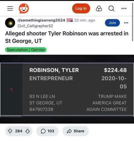 According to reports, the suspected perpetrator is a registered Republican and has donated money to MAGA.

#tylerrobinson #CharlieKirkshot