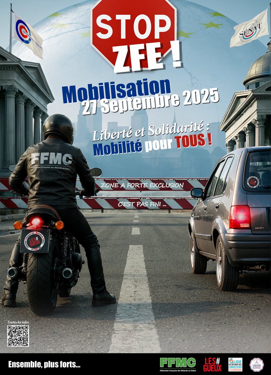 🚨 STOP ZFE ! 🚨
👉 Le 27 septembre 2025, retrouvons-nous tous ensemble pour dire un NON final à l’exclusion et OUI à la mobilité pour tous !
Parce que se déplacer n’est pas un privilège, mais une nécessité pour travailler, vivre, voir nos proches.