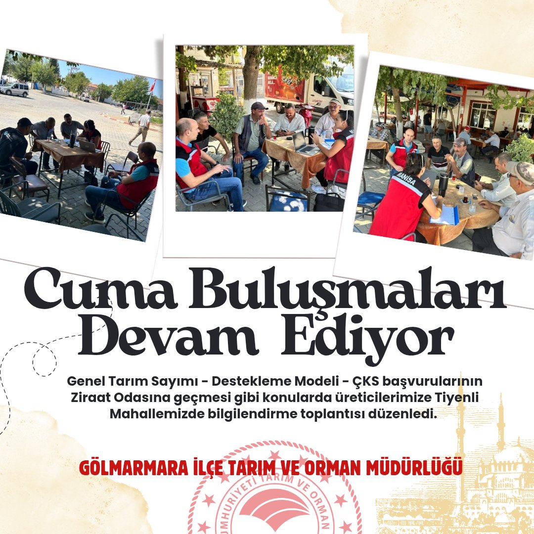 Genel Tarım Sayımı - Destekleme Modeli - ÇKS başvurularının Ziraat Odasına geçmesi gibi konularda üreticilerimize Tiyenli Mahallemizde bilgilendirme toplantısı düzenledi. 
<a href="/ibrahimyumakli/">İbrahim Yumaklı</a> <a href="/TCTarim/">T.C. Tarım ve Orman Bakanlığı</a> <a href="/TarimManisa/">Manisa İl Tarım ve Orman Müdürlüğü</a> <a href="/mkarayilan27/">MANİSA TARIM VE ORMAN İL MÜDÜRÜ</a> #gölmarmara #manisa