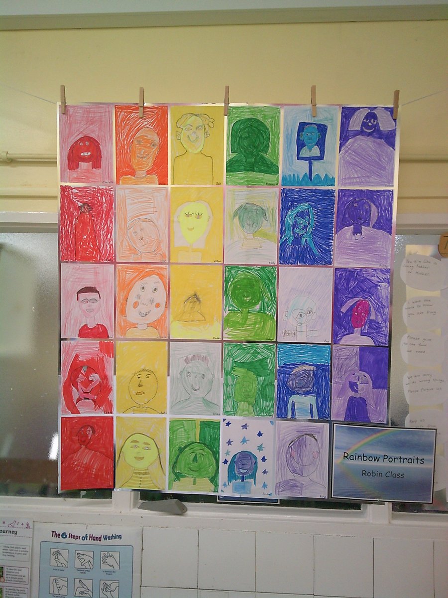 Robin class used sketch and observational drawing techniques to create self-portraits. We then coloured them in rainbow colours to make a colourful display.