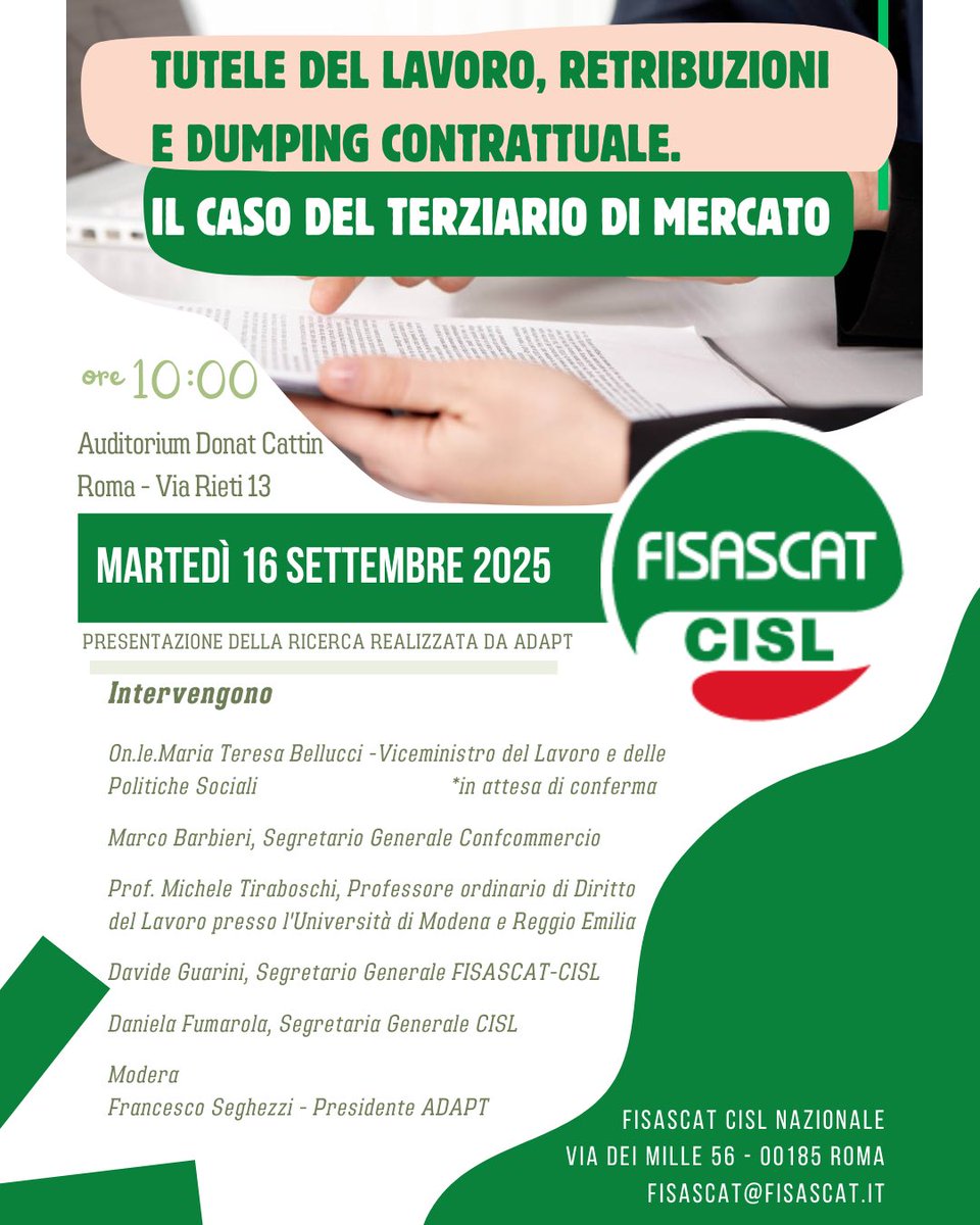 🟢 #TerziarioDiMercato, prosegue a Roma il ciclo di incontri #FisascatCisl per la presentazione della ricerca <a href="/adaptland/">ADAPTLAND</a> “Fare contrattazione nel terziario di mercato – Effettività delle tutele e contrasto al dumping contrattuale” a cura di <a href="/MicheTiraboschi/">Michele Tiraboschi</a> e <a href="/Gio_Piglialarmi/">Giovanni Piglialarmi</a>.