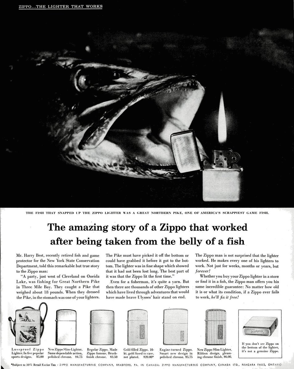 Ogilvy's tweet image. #TBT 1960&apos;s Zippo #ClientWork

The amazing story of a Zippo that worked after being taken from the belly of a fish.