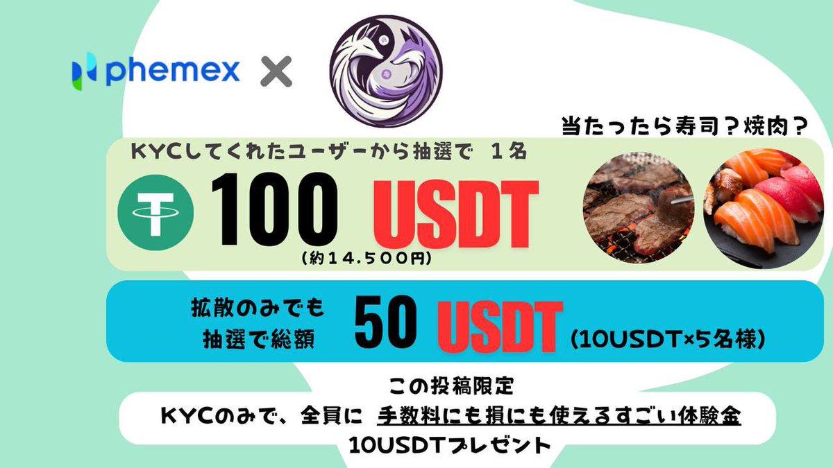 🎁✨phemex × AKINAI特別コラボ記念☯️💰

口座開設&amp;KYCで豪華プレゼント！
拡散だけでもチャンス🔥

🏆100USDT（約14,500円）× 1名
→ KYC完了者から抽選
→当たったら寿司？焼肉？🍣🥩

🎯拡散賞: 10USDT × 5名様
（総額50USDT）

🔶参加方法🔶
①フォロー、RT 、❤️
(拡散賞はこれだけで🆗)