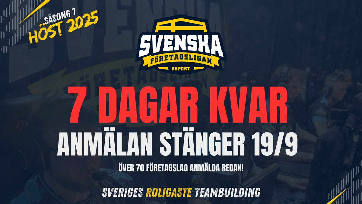 BARA 7 DAGAR KVAR ATT ANMÄLA ERT FÖRETAG TILL SVERIGES ROLIGASTE TEAMBUILDING!

Svenska Företagsligan Höst 2025 stänger anmälan 19 september. Vi har redan över 70 anmälda företag till kommande säsongen och fler är på gång med sin anmälan.

Missa inte höstens höjdpunkt. Läs mer