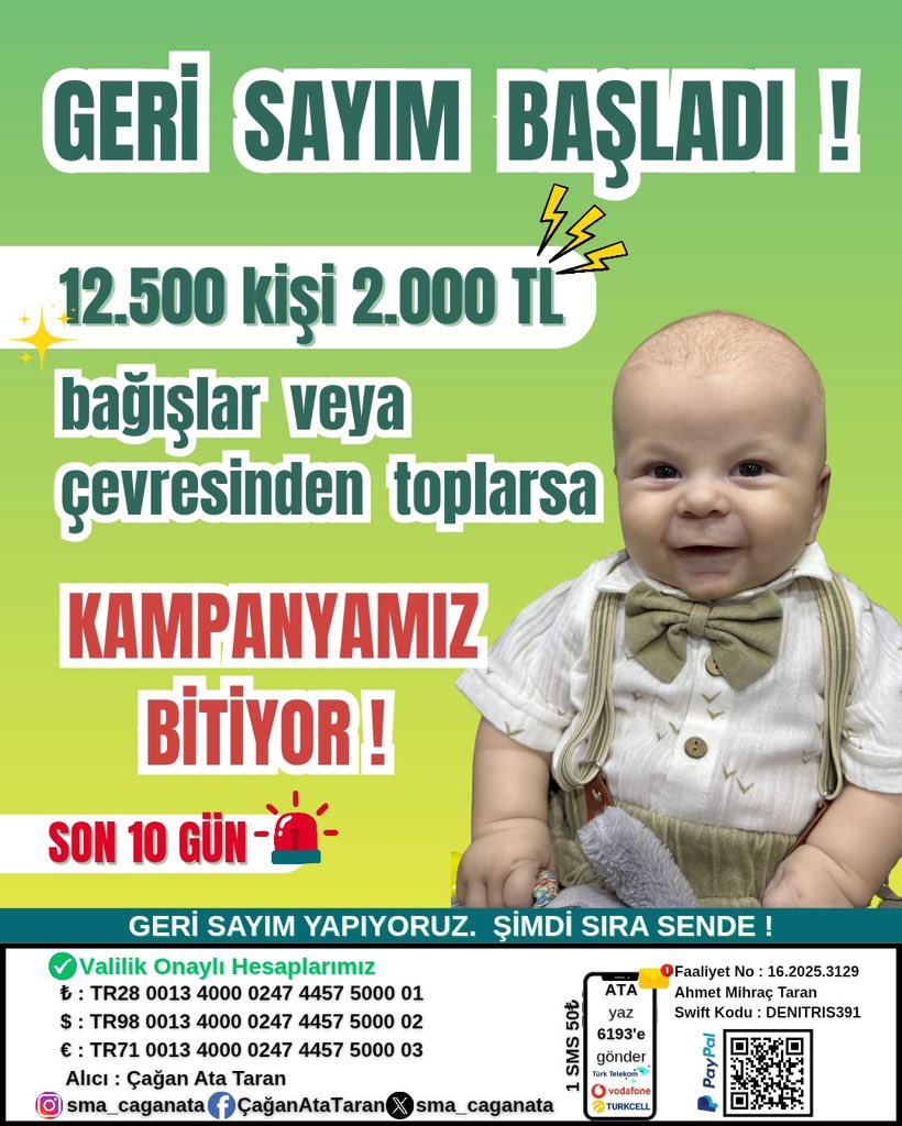 ✨ Çağan Ata için SON 10 GÜN! ✨
12.500 güzel yürek, sadece 2.000₺ bağışlasa ya da çevresinden toplasa bu kampanya BİTİYOR! 💪💙

Unutma;1 bağış, 1 paylaşım, 1 dua bile mucizeyi büyütür. 🌸

⏳ Zaman daralıyor, senin desteğin onun nefesi olabilir!